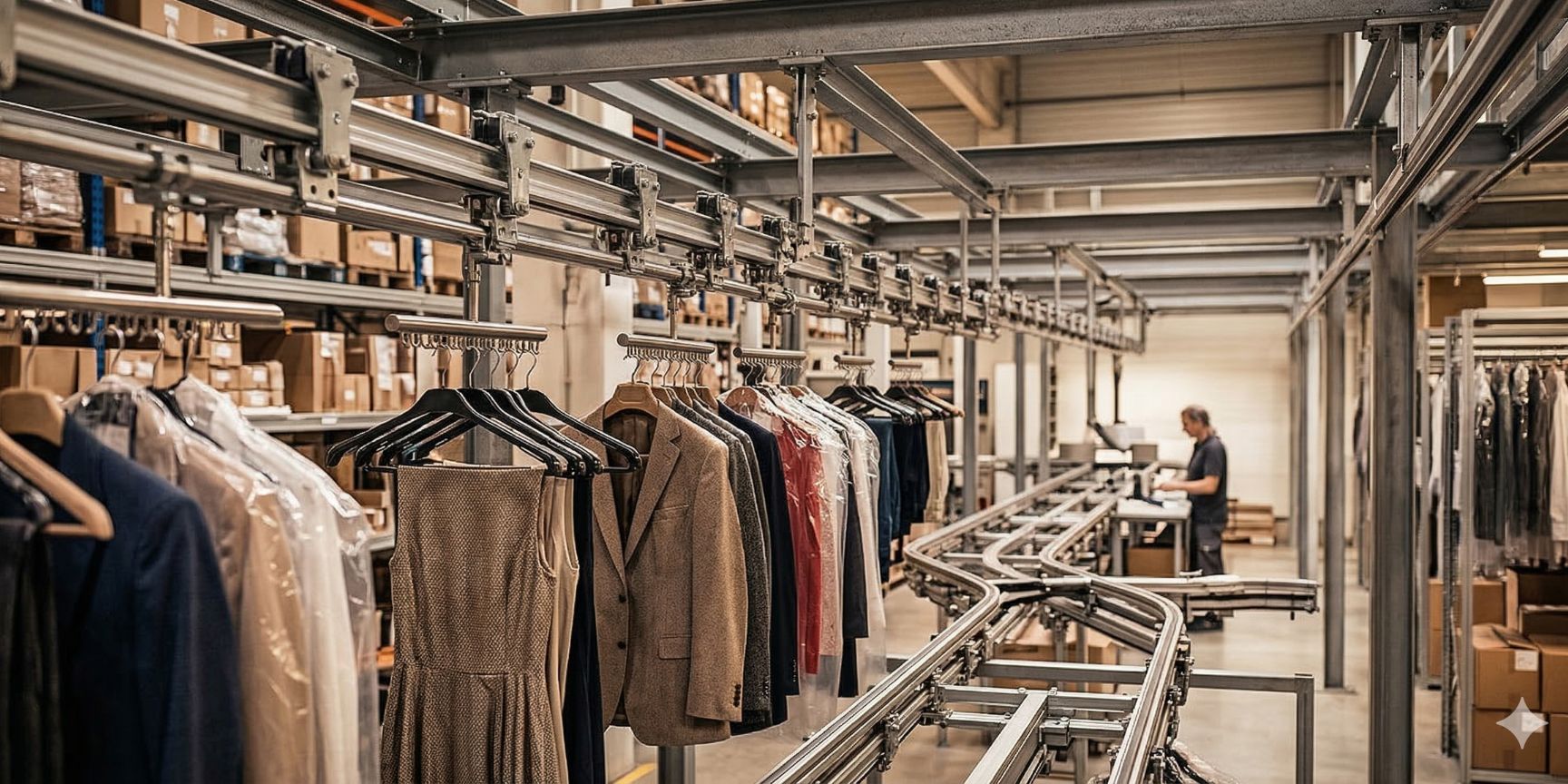 A close-up of an overhead conveyor system designed for hanging textiles. Several jackets and dresses hang from hangers on a metal rail construction. The web moves through a warehouse for fashion items, hanging wall logistics with overhead conveyor, pocket sorter alternative for textiles